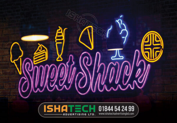 RESTAURANT NEON SIGNS, SWEET SHACK NEON SIGNS, NEON LOGO FOR RESTAURANT IN DHAKA BANGLADESH, ICE CREAME NEON SIGNAGE,