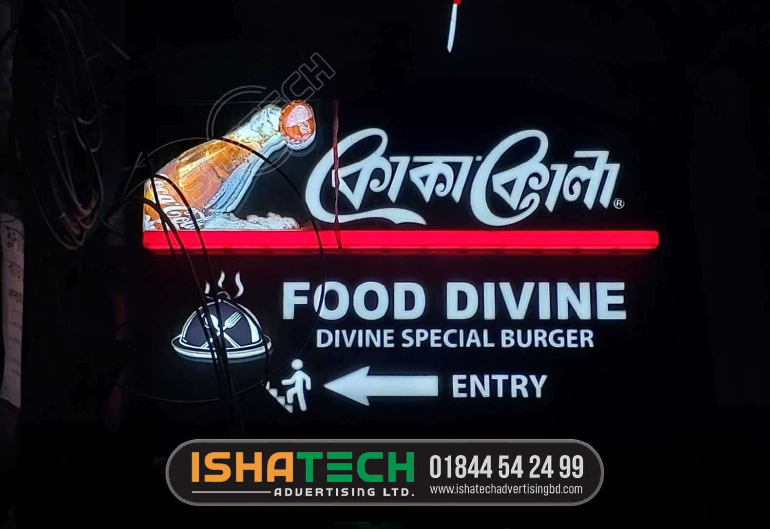 FOOD DIVINE RESTAURANT AND COCA COLA LETTER AND LOGO SIGNAGE BY ACRYLIC