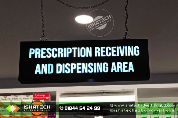 Pharmacy Hanging Sign Board & Hanging Acp Off Cut Sign Led Lighting with Pharmacy Indoor Hanging Sign Board Branding for Indoor Pharmacy Sign Board in Bangladesh