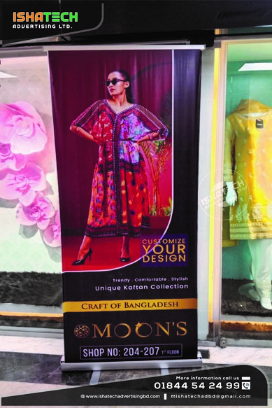 Pop Up Stand Banner & Rolling Stand Banner with X Stand Banner Make IshaTech for Moons Shop Indoor & Outdoor X Stand Banner Advertising in Bangladesh