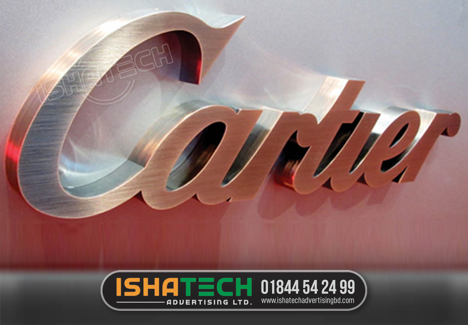 Ishatech Advertising Ltd is a manufacturer all kinds of letter signage acrylic SS Golden Copper Letter Signage, Bangladesh Mirror Metal Copper SS Top Letter Signboard for Indoor and Outdoor. SS Sign Board SS Top Letter Acrylic Top Letter SS Metal.
