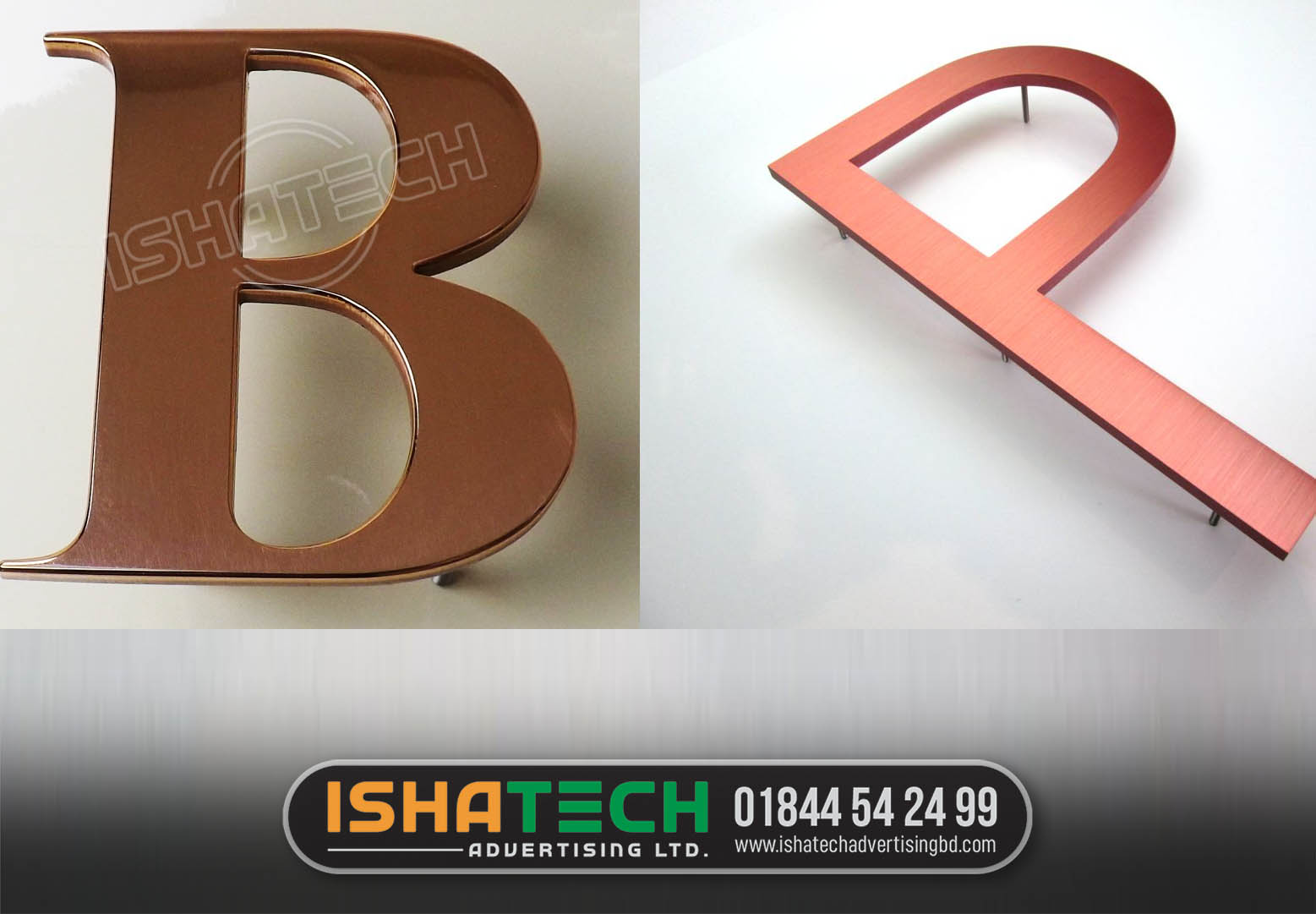 Ishatech Advertising Ltd is a manufacturer all kinds of letter signage acrylic SS Golden Copper Letter Signage, Bangladesh Mirror Metal Copper SS Top Letter Signboard for Indoor and Outdoor. SS Sign Board SS Top Letter Acrylic Top Letter SS Metal.