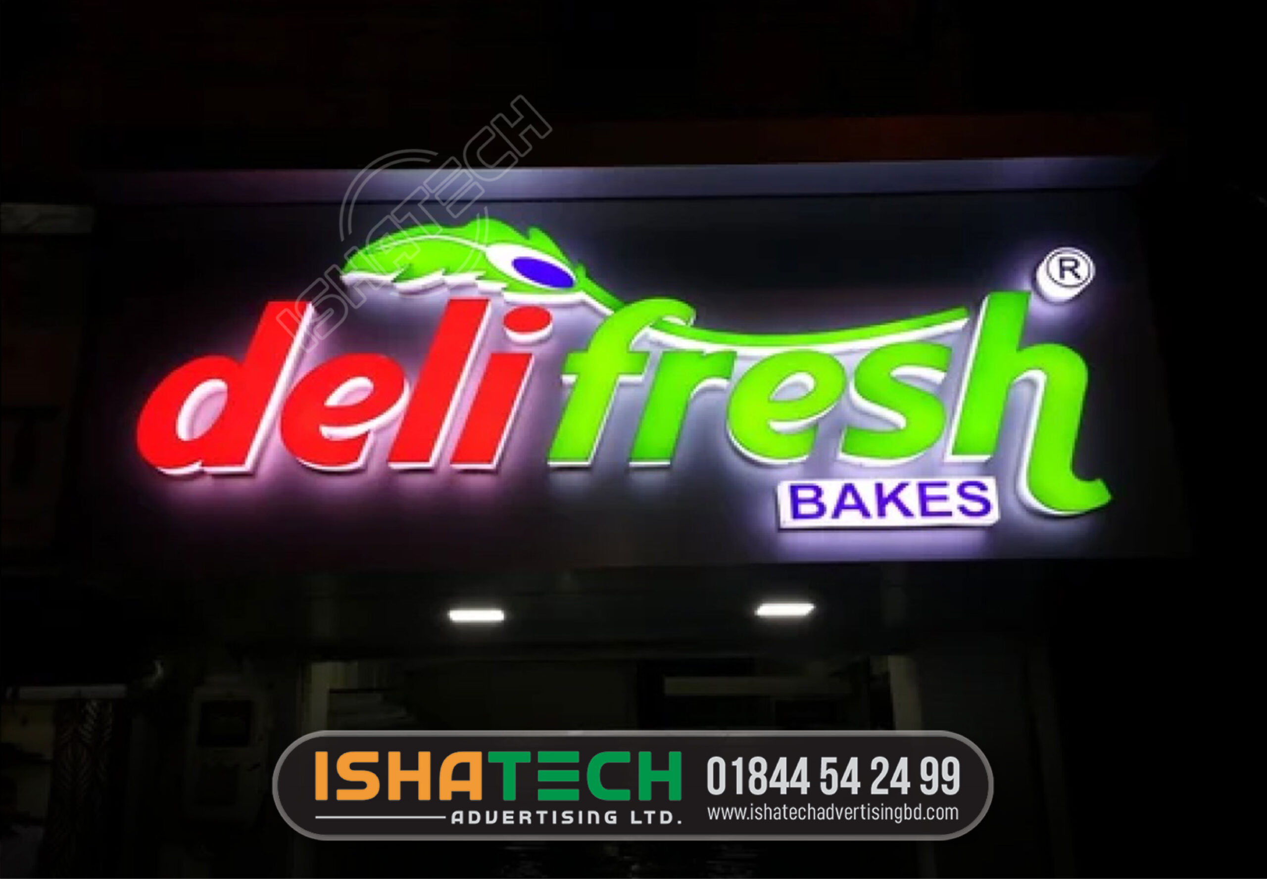 DELI FRESS BAKES RED AND GREEN COLOR ACRYLIC LIGHTING LOGO AND LETTER SIGNAGE MAKING BY ISHATECH ADVERTISING LTD.