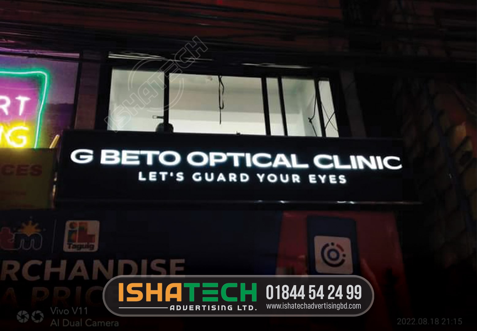 G BETO OPTICAL CLINIC ;ETS GUARD YOUR EYES OFFICE ACRYLIC LIGHTING LETTER SIGNAGE MAKER IN DHAKA BD