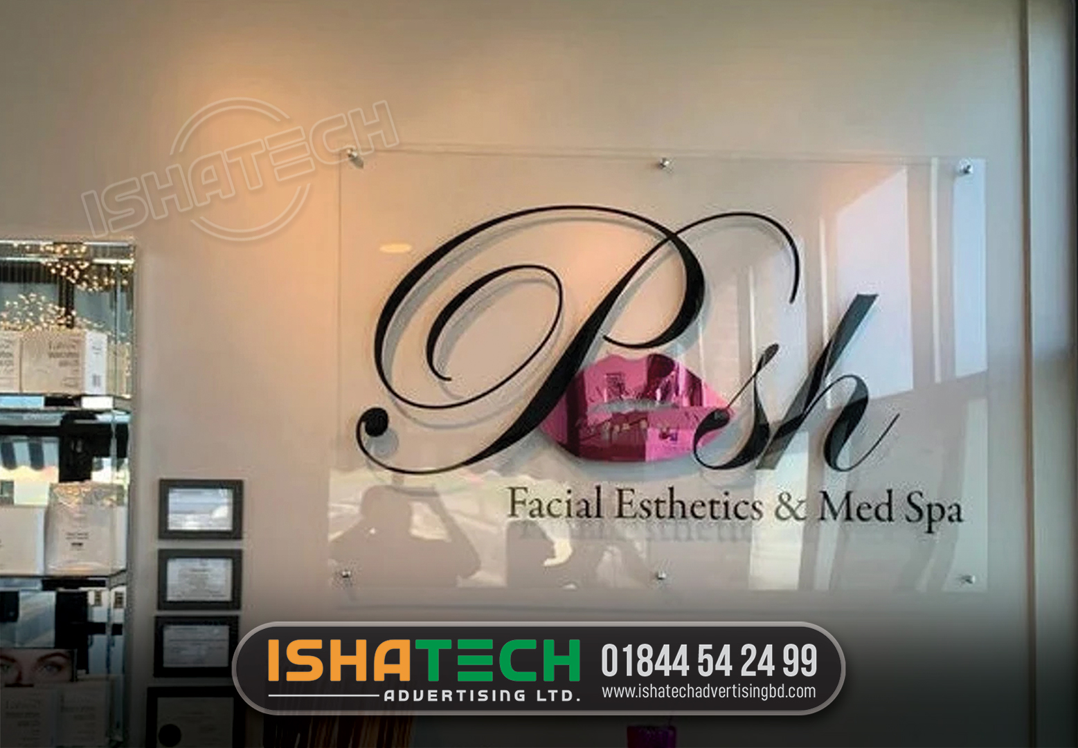 FACIAL ESTHERICS AND MED SPA OFFICE NAME PLATE, GLASS NAME PLATE, WALL NAME PLATE SIGNS