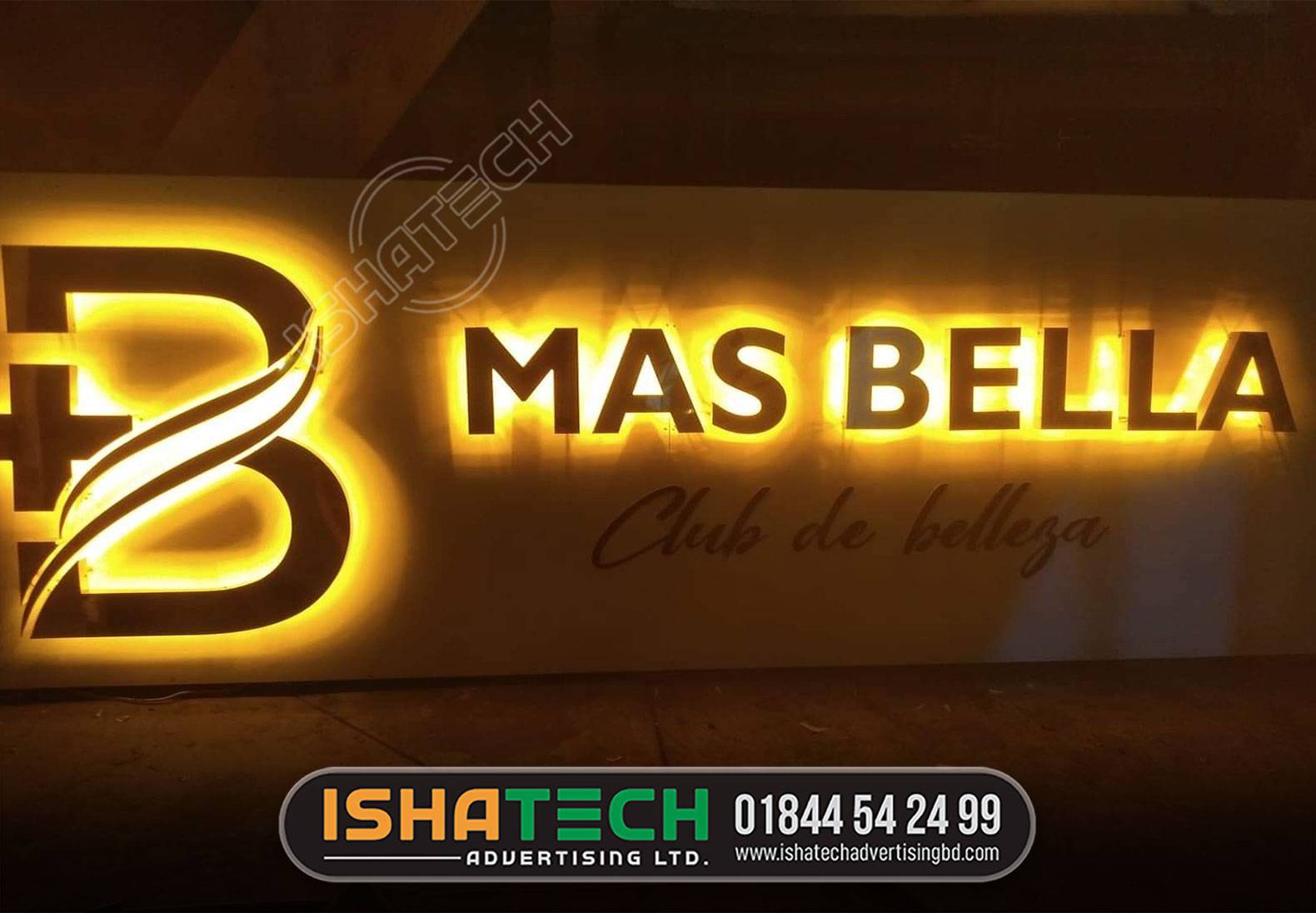 B MAS BELLA OFFICE GOLDEN COLOR BACKLIGHT LETTER SIGNAGE MAKING BD | LIGHTING Aluminum Signs IN DHAKA, CHITTAGONG BD