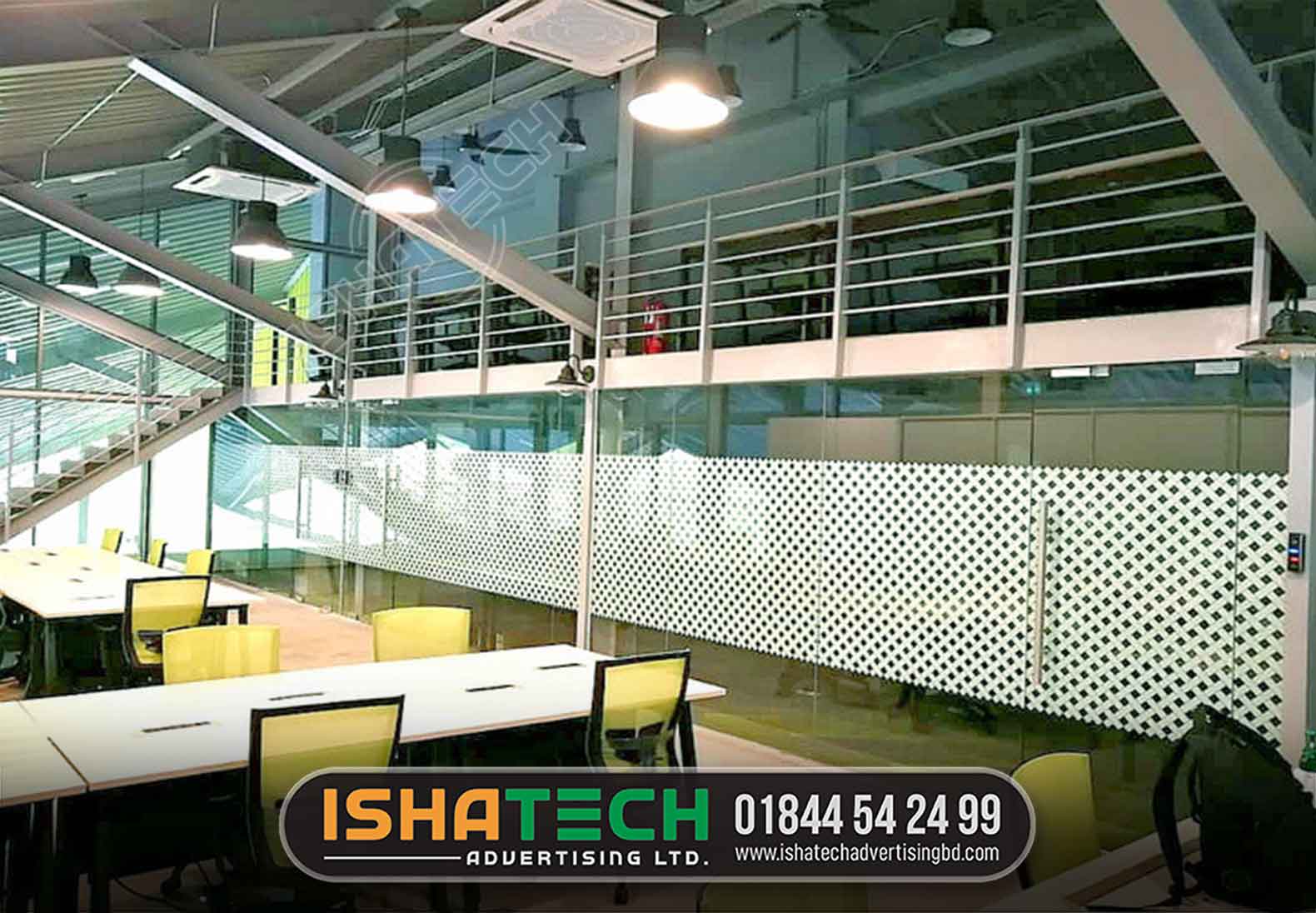 Ishatech Advertising is a renowned provider of top-tier frosted glass sticker services in Dhaka, Bangladesh. Our specialty is using our excellent frosted glass designs to add privacy and luxury to your rooms. Our talented craftspeople expertly install frosted glass stickers to windows and doors to create eye-catching designs that perfectly balance style and utility. We provide a range of options, so you may choose from a delicate frosted glass sheet or a frosted glass texture design. With Ishatech Advertising's unmatched skill in frosted glass stickers—every detail is expertly crafted—you may enhance the ambience of your surroundings.