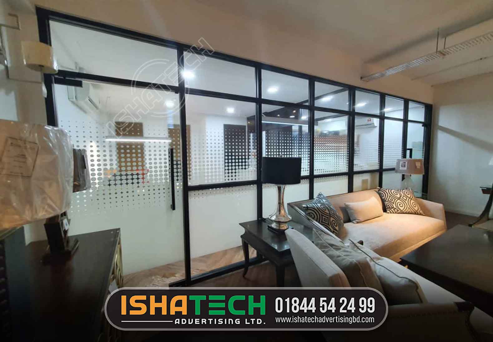 Ishatech Advertising is a renowned provider of top-tier frosted glass sticker services in Dhaka, Bangladesh. Our specialty is using our excellent frosted glass designs to add privacy and luxury to your rooms. Our talented craftspeople expertly install frosted glass stickers to windows and doors to create eye-catching designs that perfectly balance style and utility. We provide a range of options, so you may choose from a delicate frosted glass sheet or a frosted glass texture design. With Ishatech Advertising's unmatched skill in frosted glass stickers—every detail is expertly crafted—you may enhance the ambience of your surroundings.