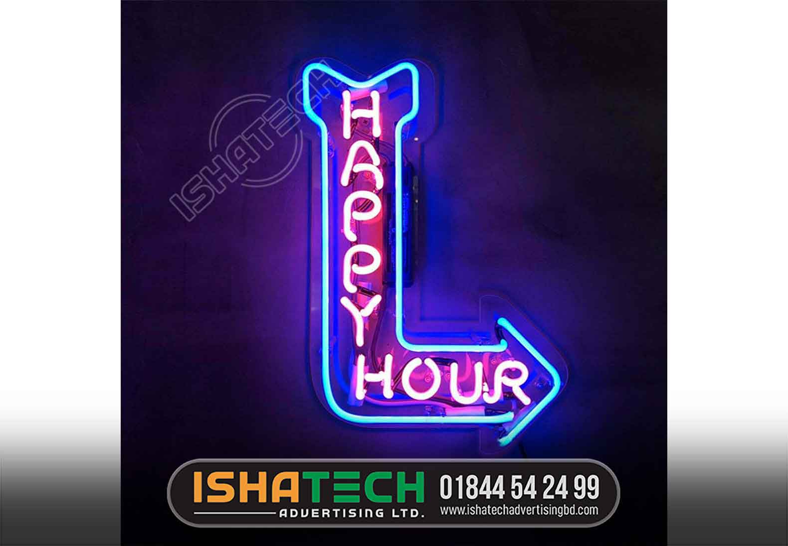 HAPPY HOURS SHOP DIRECTIONAL NAME PLATE, NEON NAME PLATE, NEON SIGNS, NEON ADS BD