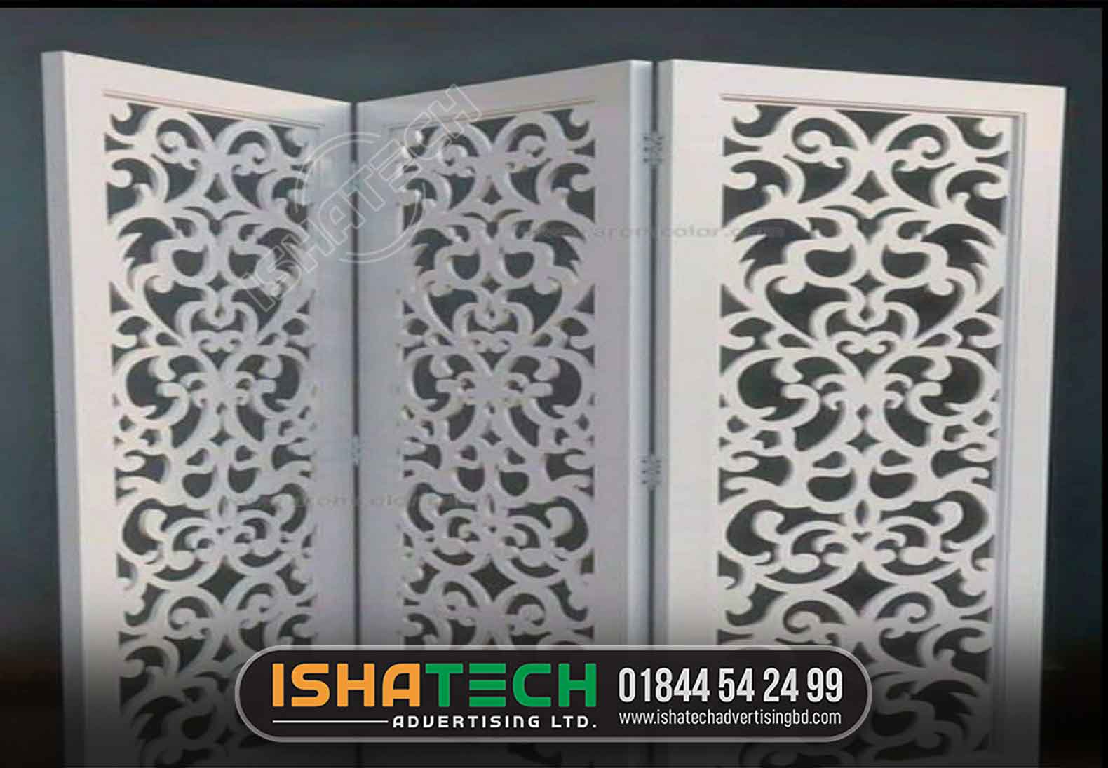 Wooden Carving Partition | White Wooden Partition design and cutting by ishatech advertising ltd