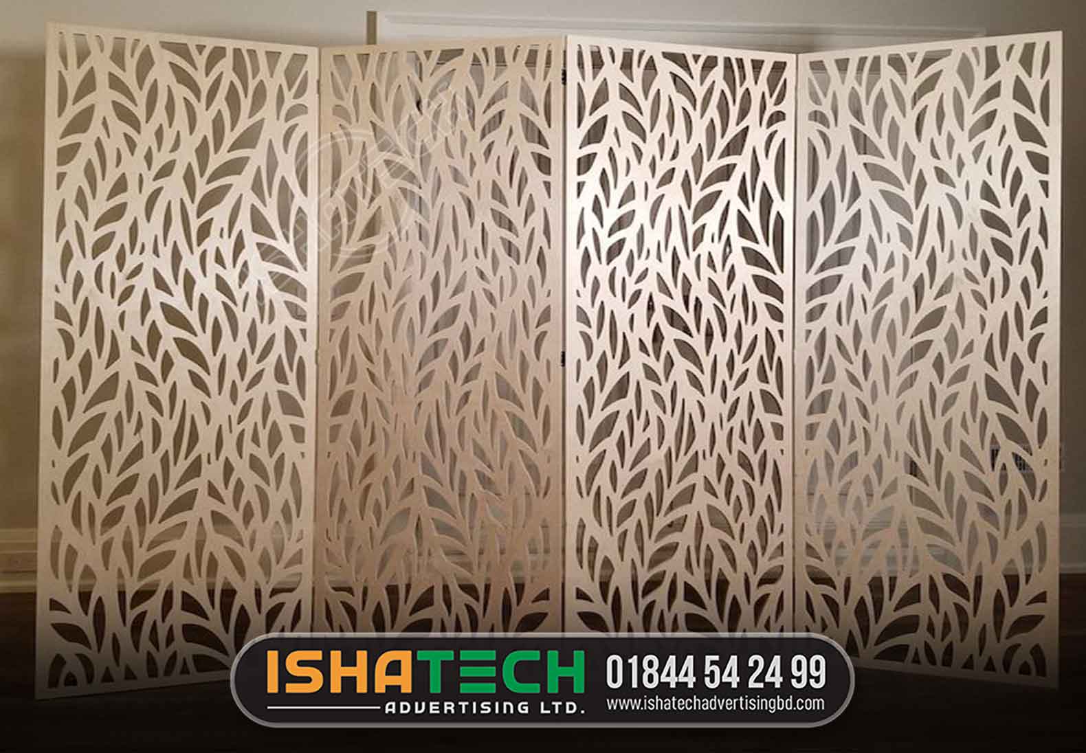 Most beautiful Leasercut wood work interior partition panel design for drawingroom & main entrance design and cutting by ishatech advertising ltd