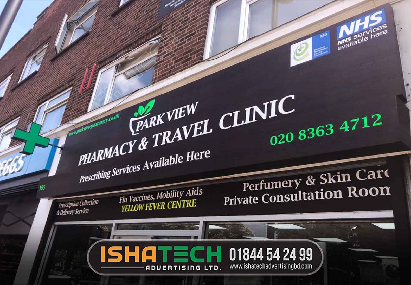 PARK VIEW PHARMACY AND TRAVEL CLINIC PVC/ACP PROFILE BOX IN DHAKA, BANGLADESH. BEST LED SIGNBOARD MAKING IN BD