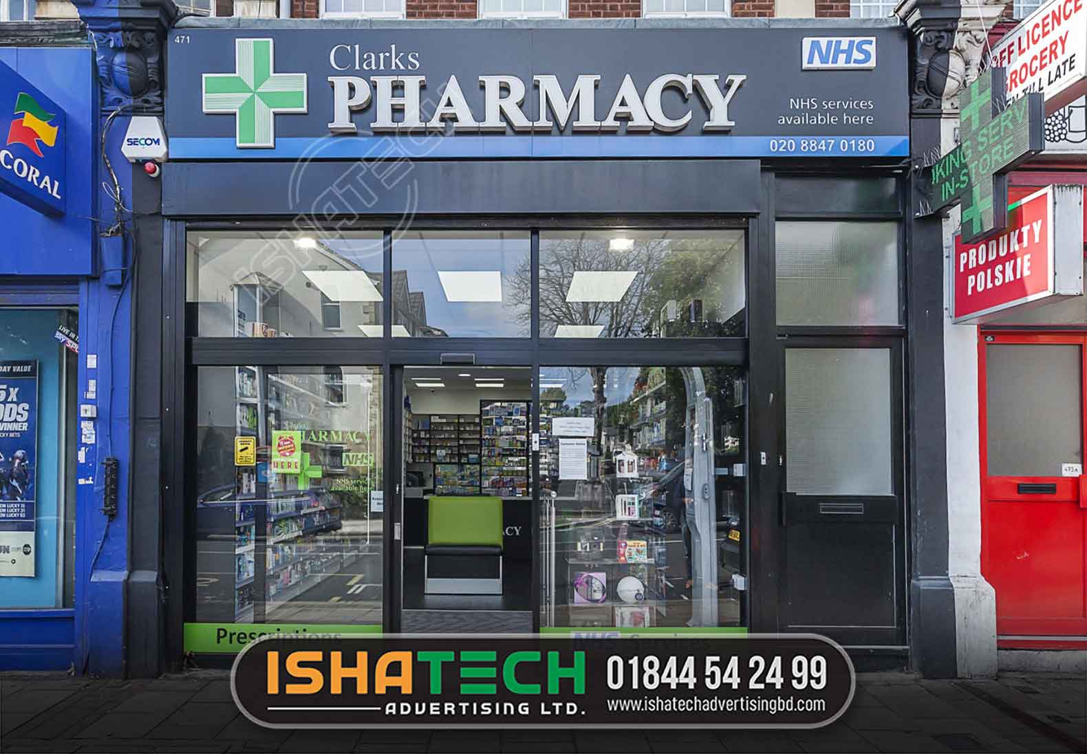 SHOP SIGN, LED LOGO SIGNS FOR PHARMACY IN DHAKA, BANGLADESH. PHARMACY LETTER SIGNBOARD DESIGN AND MAKING CREATE BY ISHATECH ADVERTISING LTD