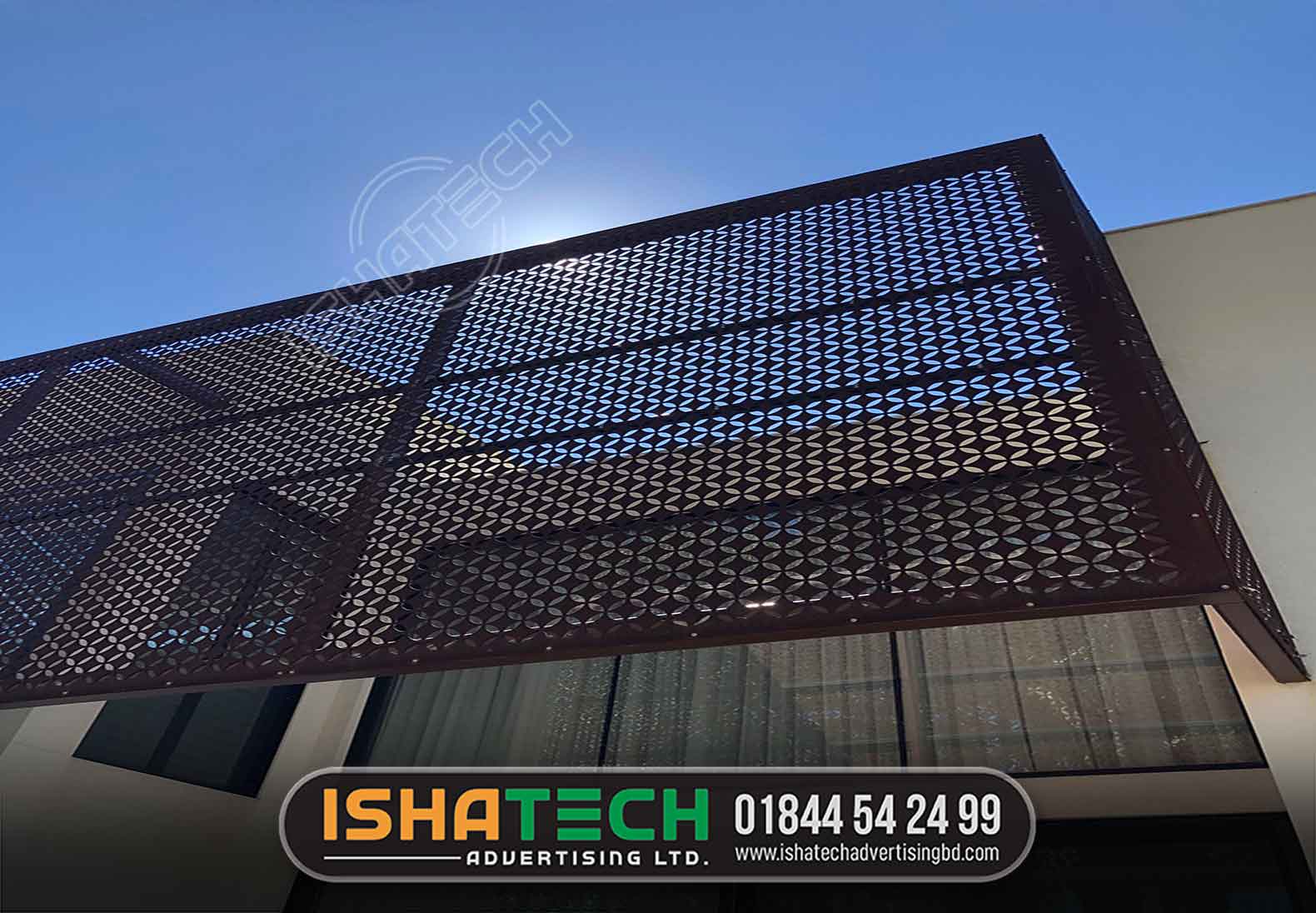 Metal perforated panels, steel plates, Marble & Gypsum, 3D panels, wood mashrabiya.