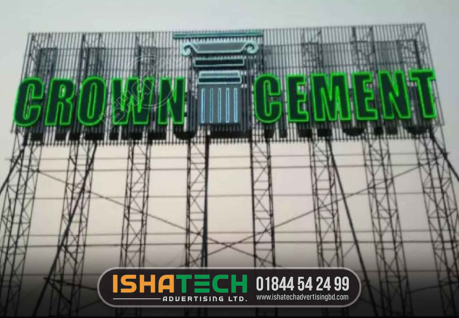 CROWN CEMENT SHOP STAINLESS STEEL AND NEON LETTER BILLBOARD WITH ISHATECH ADVERTISING LTD | BEST SIGNBOARD ADS BD