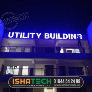 Utility Building Name Plate, Building Acrylic front lit letter name plate