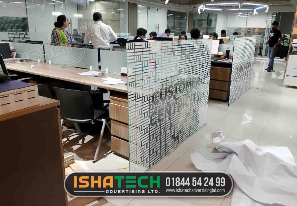 Bank Branding Thai Glass Partition Sticker Design, Printing, and Pasting service in Bangladesh.